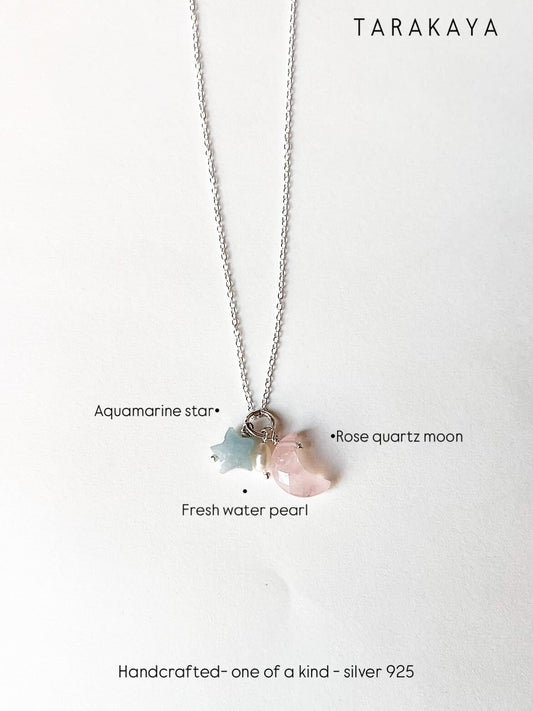 925 Sterling Silver Rose Quartz Moon, Aquamarine Star and Fresh Water Pearl Handcrafted Dainty Necklace