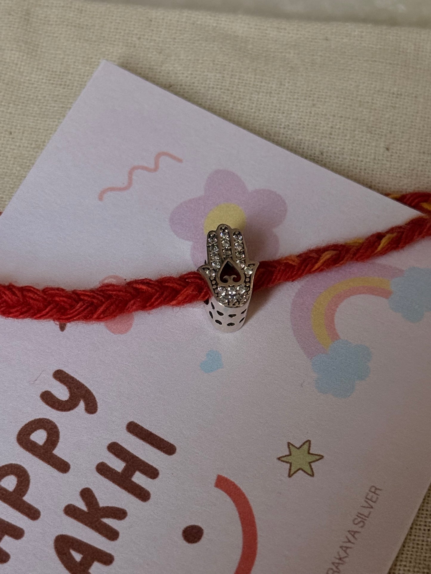 925 Sterling Silver Hamsa Charm Rakhi - Reusable as Pendant / Bracelet Charm Handcrafted Rakhi