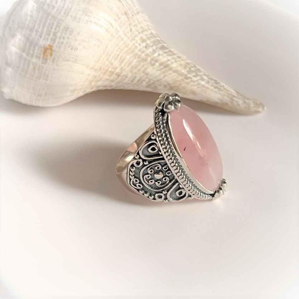 Rose Quartz Boho Oval Statement Ring in Silver