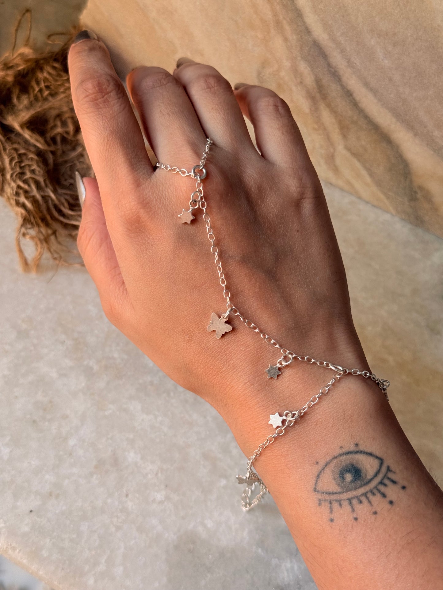 925 Sterling Silver Pretty Butterfly & Star Charms Handcrafted Hand Chain