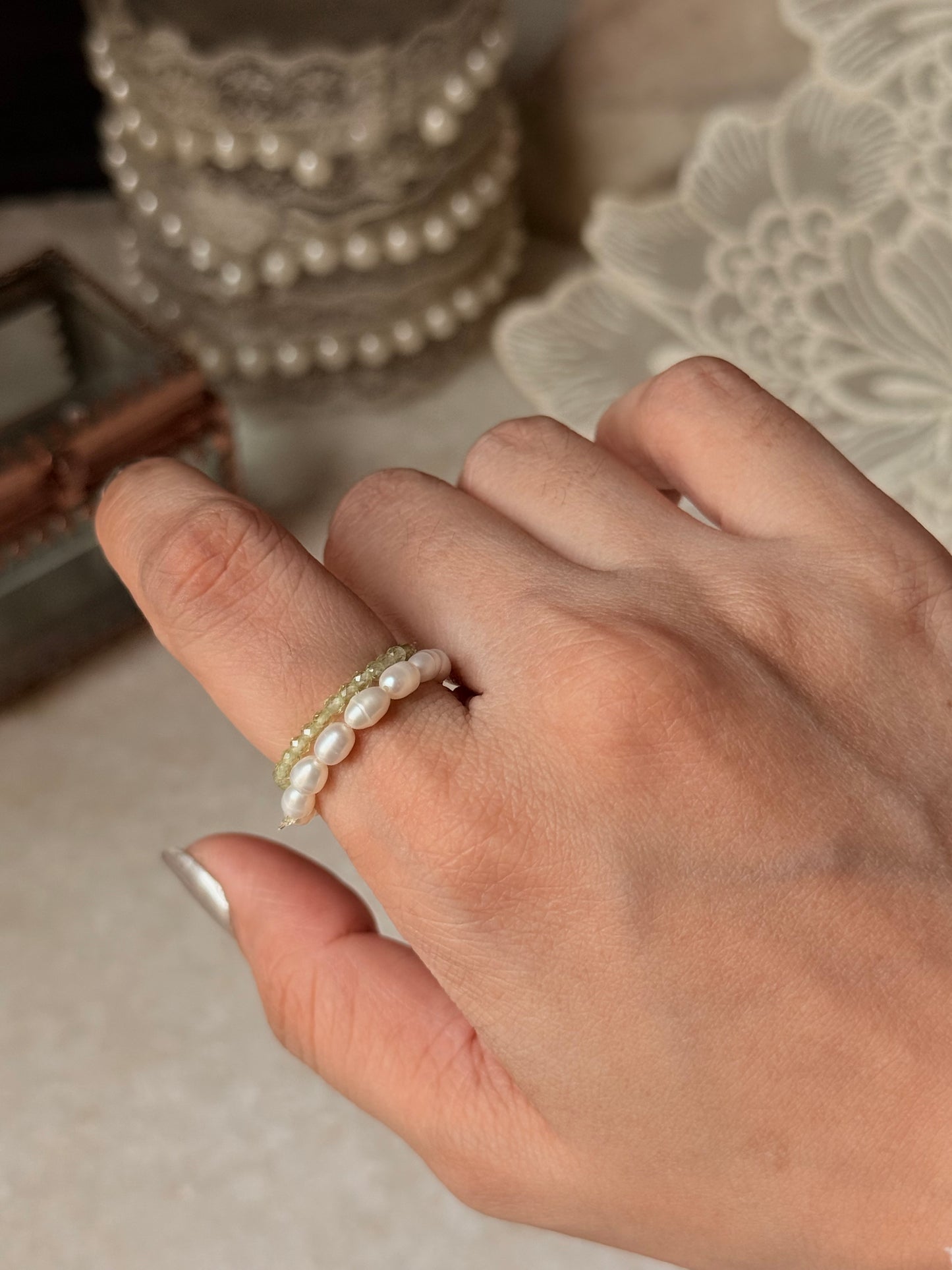 Natural Crystal Stretchy Fresh Water Pearl & Peridot Rings