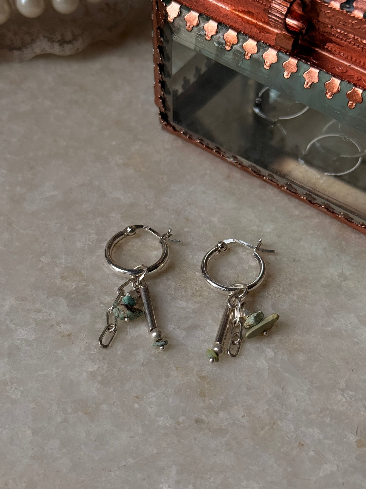 925 Sterling Silver Turquoise Beads, Silver Beads , Paper Clip Chain Hangings Removable Charms Self Designed Handcrafted Italian Hoops Earrings