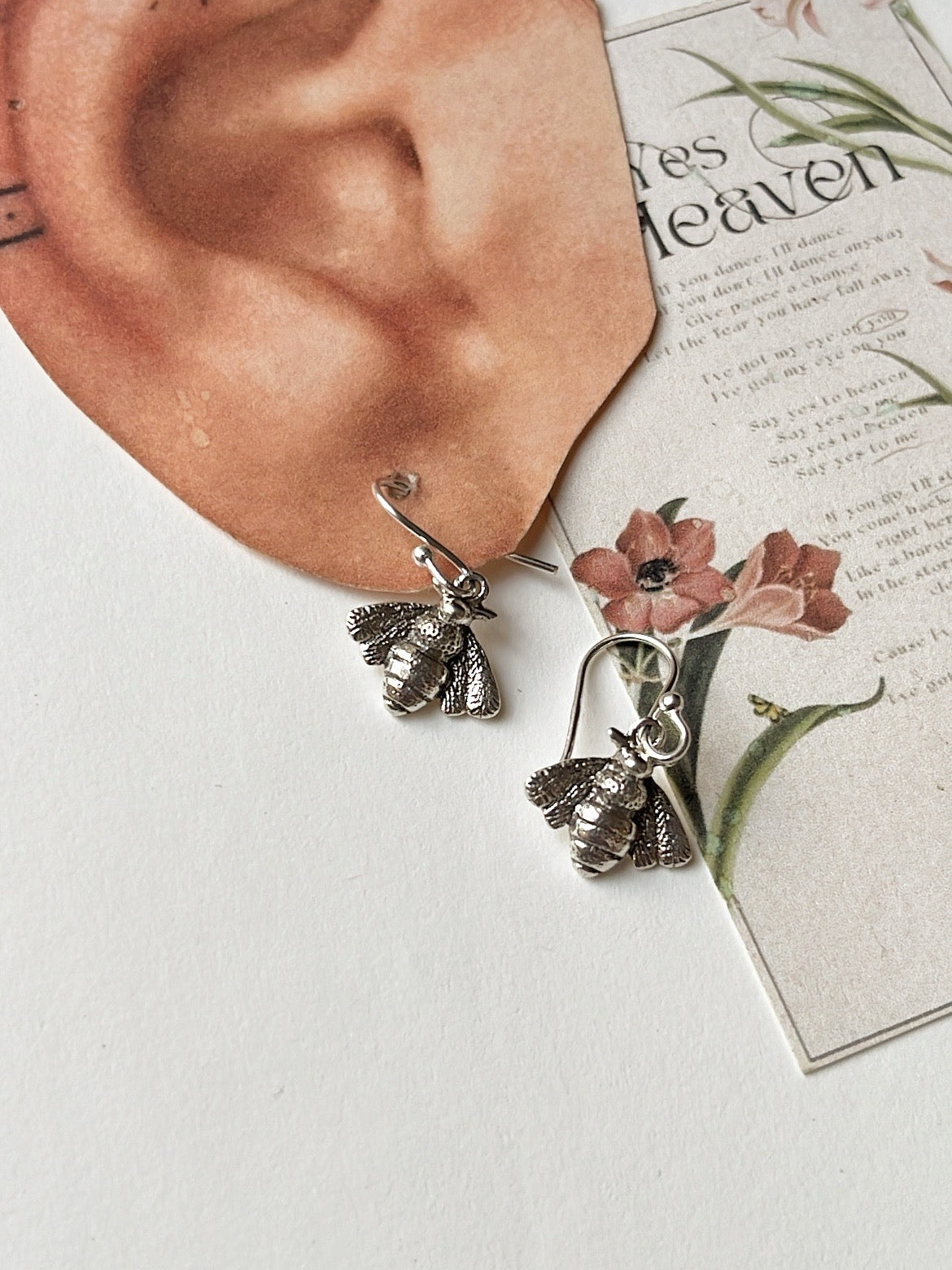 Handcrafted sterling silver bee design hook earrings  