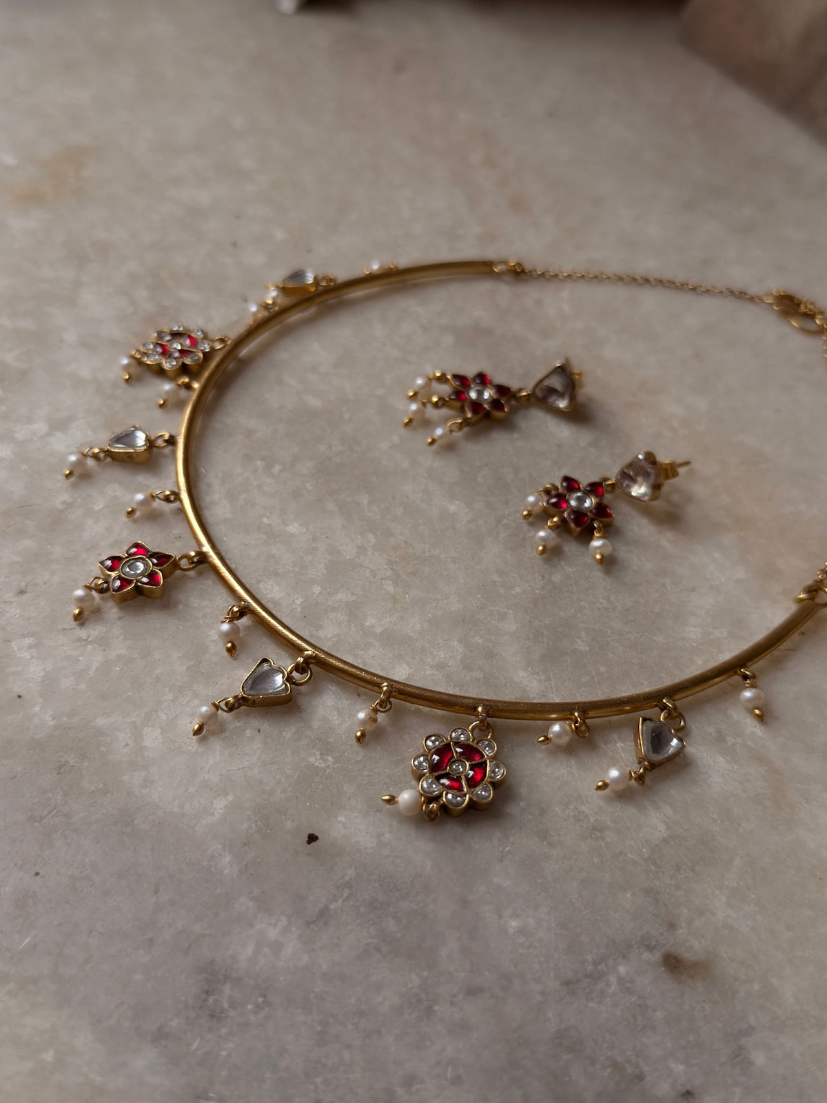 925 Sterling Silver Red Stone , Fresh Water Pearls & Kundan Polki Handcrafted Gold Plated Necklace Set