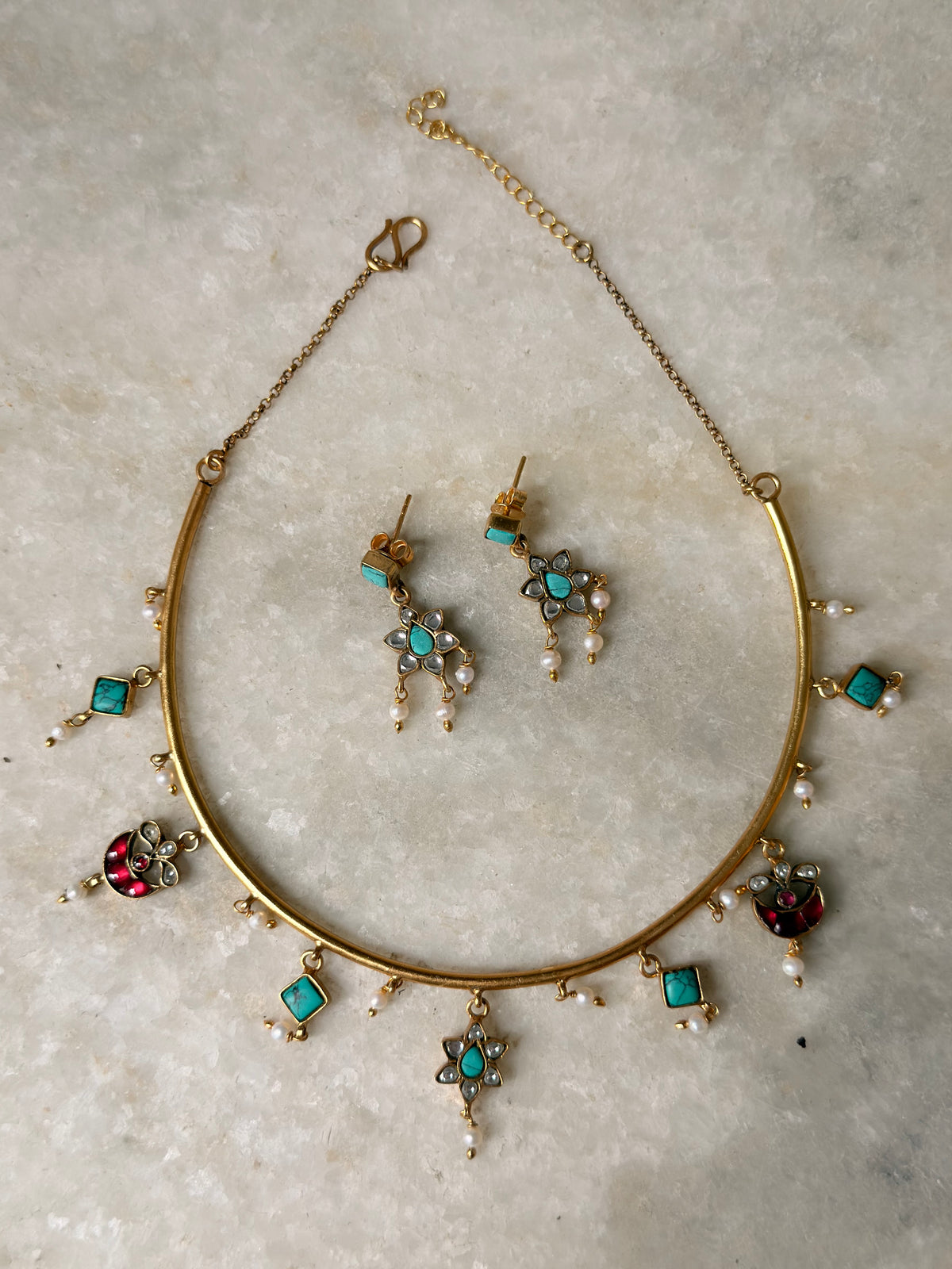 925 Sterling Silver Turquoise , Red Stones ,Fresh Water Pearls & Kundan Polki Handcrafted Gold Plated Necklace