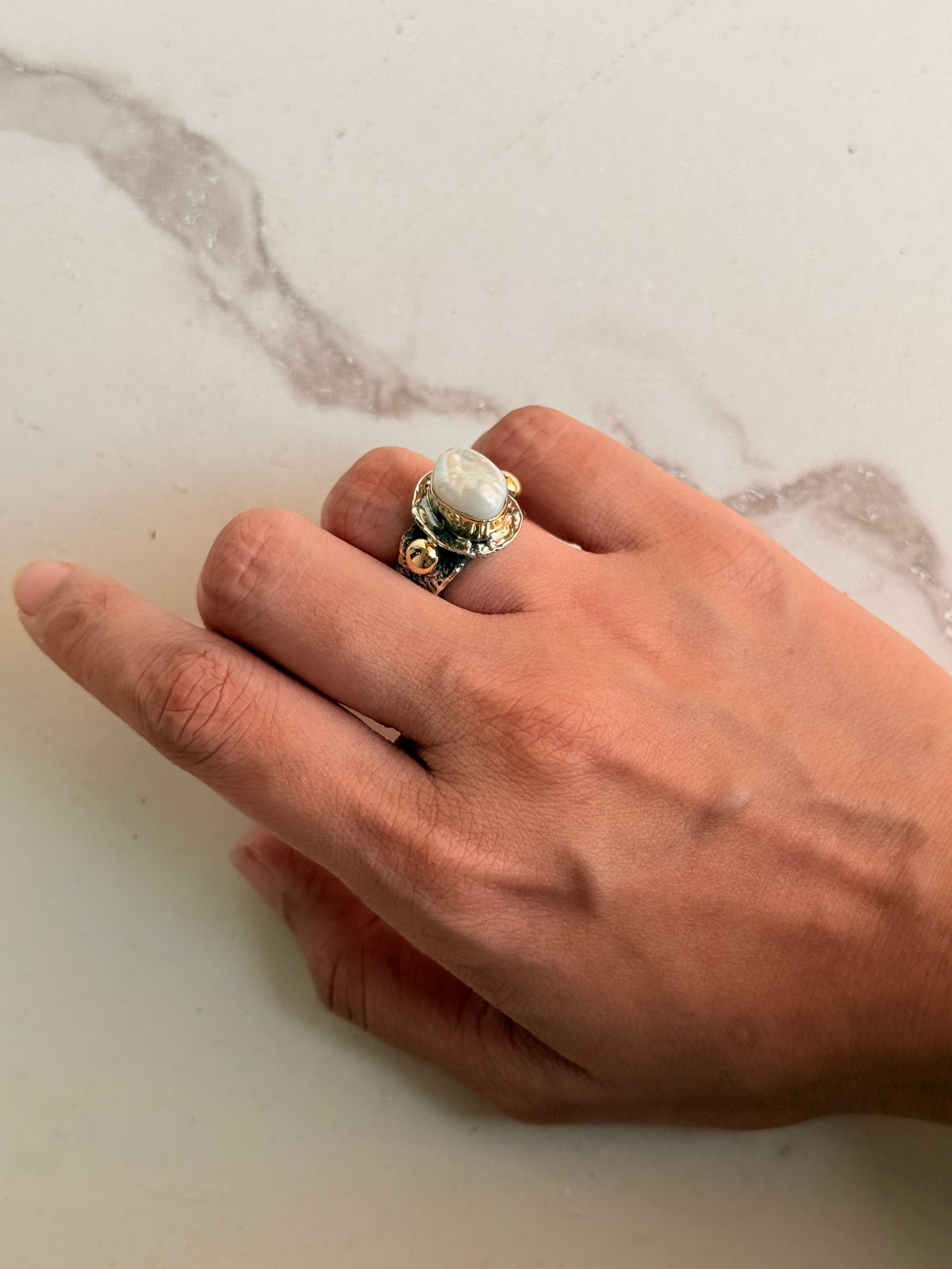 925 Sterling Silver Baroque Pearl Rustic Fusion Handcrafted Ring