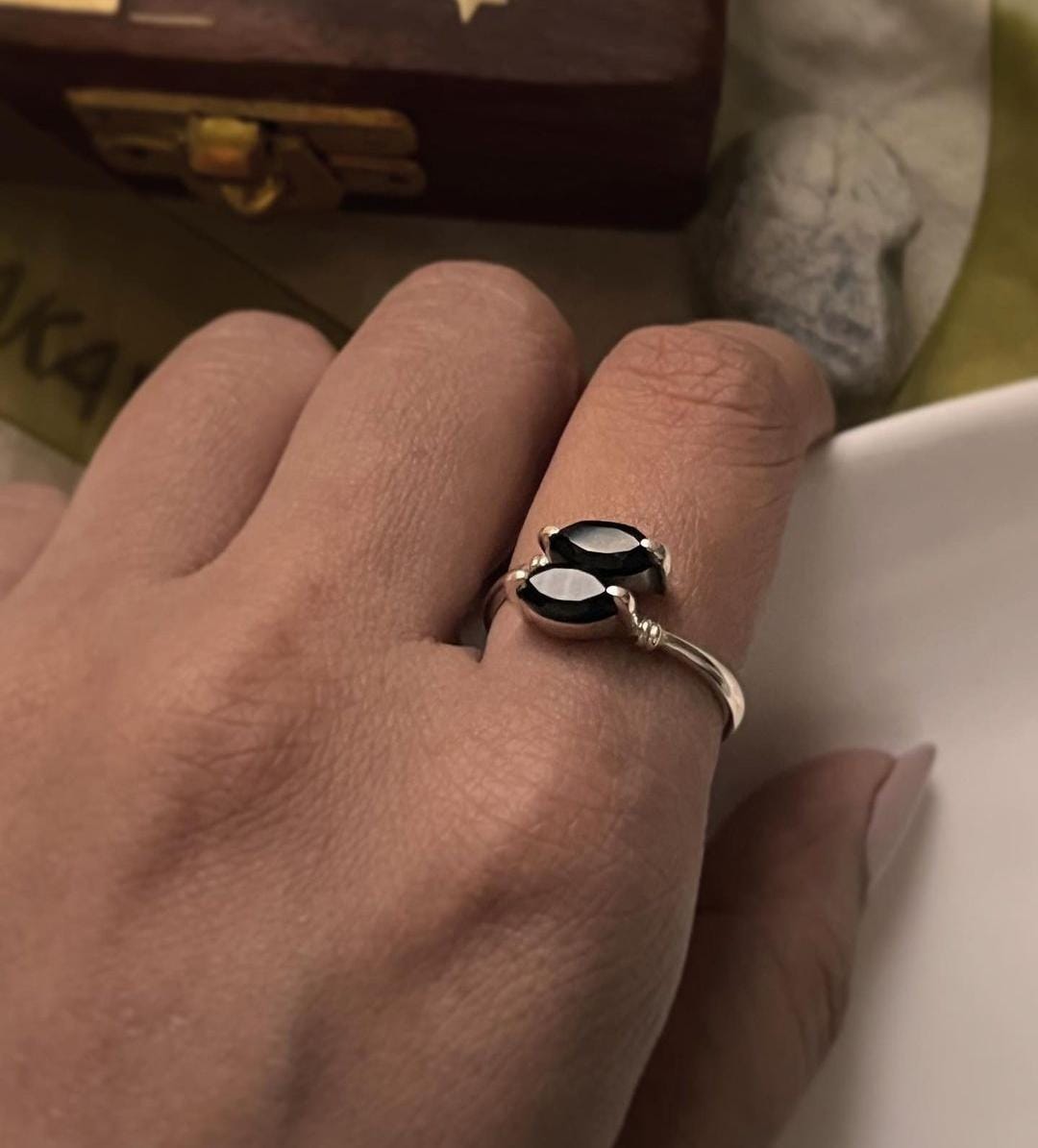 Elegant Marquise Cut Black Onyx Double Stone Ring