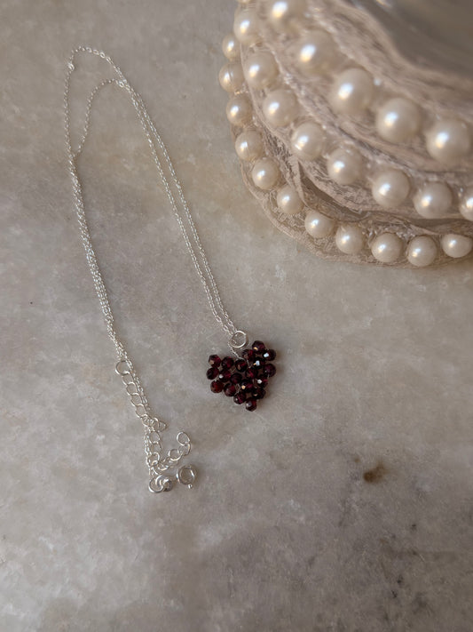 925 Sterling Silver Garnet Heart Beaded Wire Wrapped Handcrafted Love Necklace