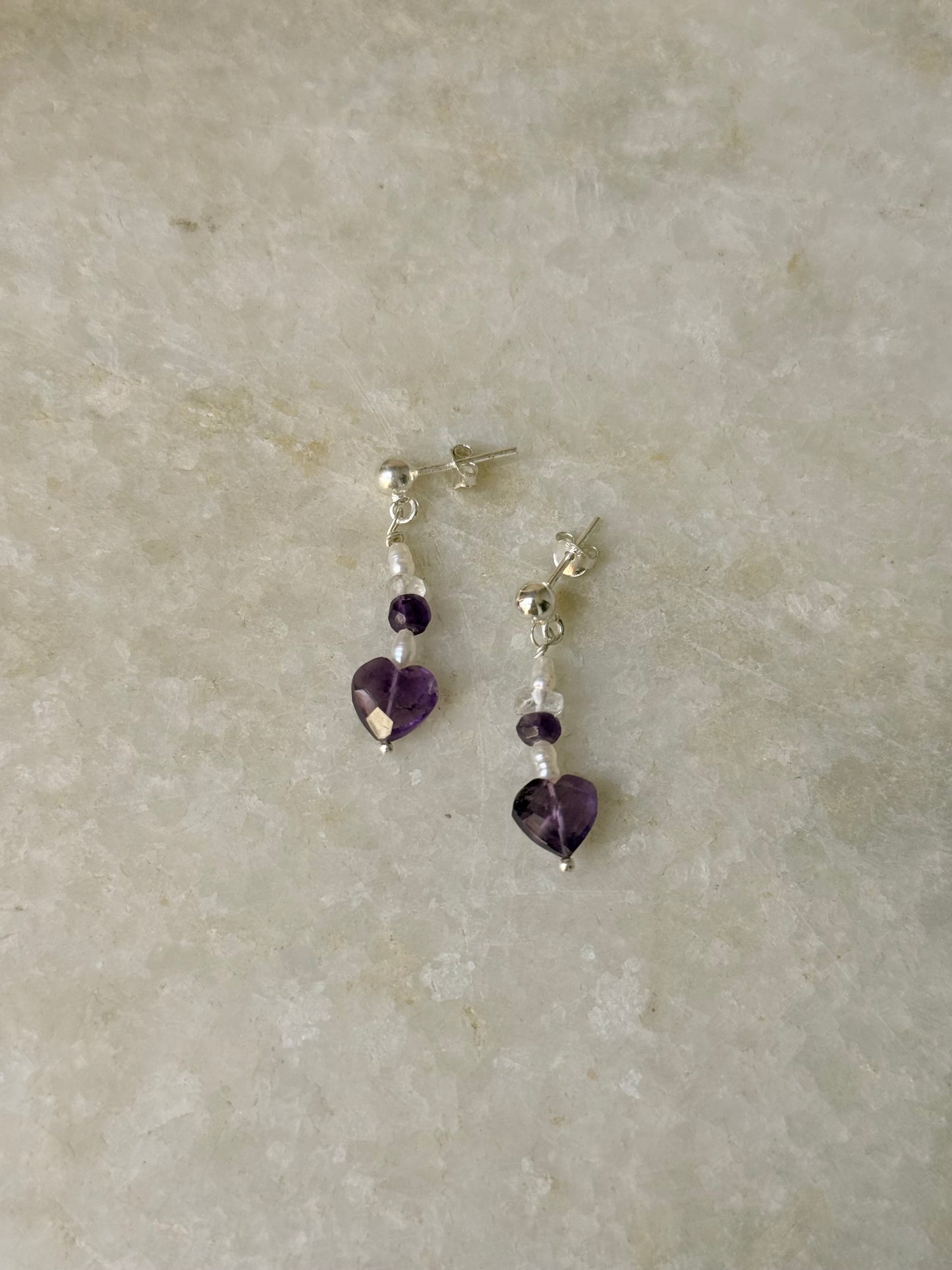 925 Sterling Silver Amethyst Heart, Clear Quartz & Pearl Stud Earrings