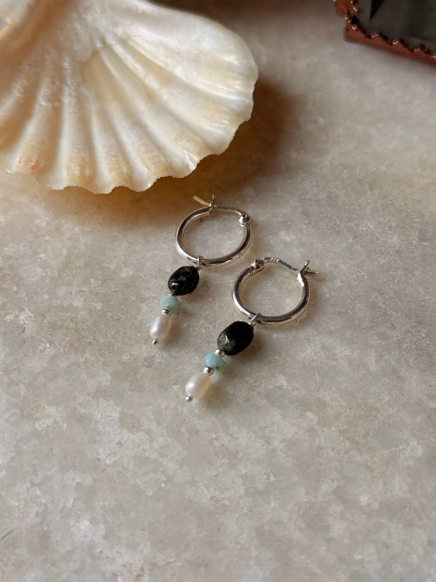 925 Sterling Silver Green Tourmaline Larimar Fresh Water Pearls Hangings Hoops Earrings