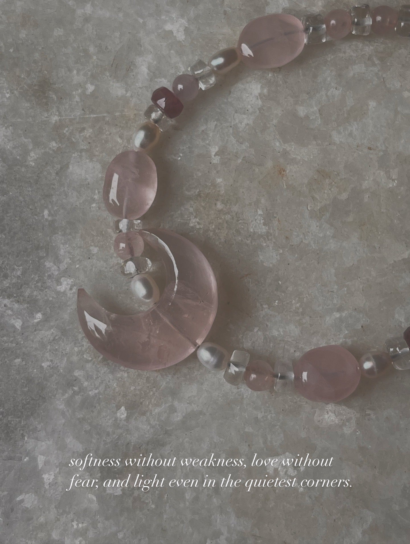 Moonlit Bloom ~Rose Quartz Crescent Moon, Clear Quartz & Pearl Crystal 925 Sterling Silver Bracelet