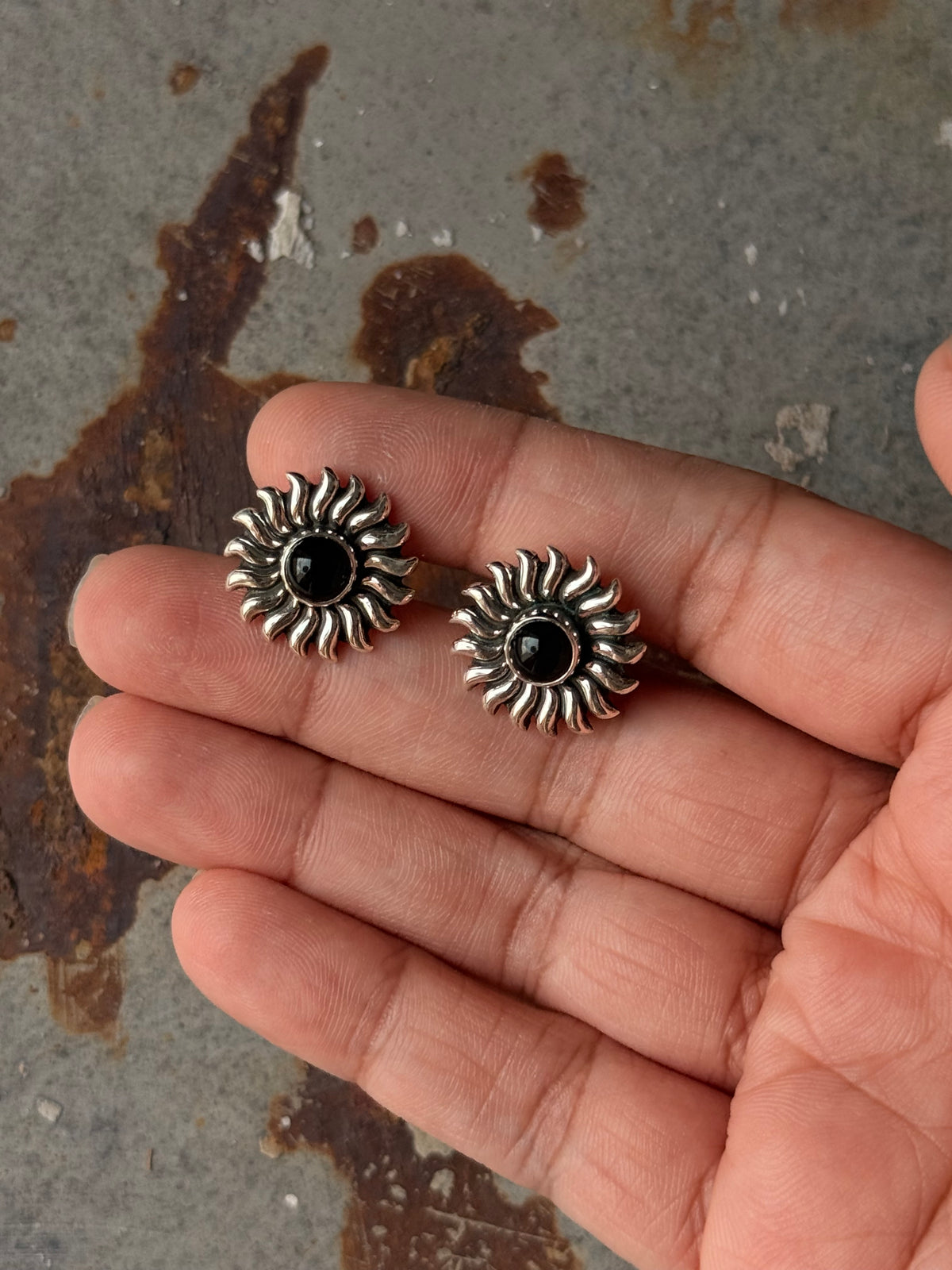 925 Sterling Silver Black Onyx Sun Statement Studs Earrings