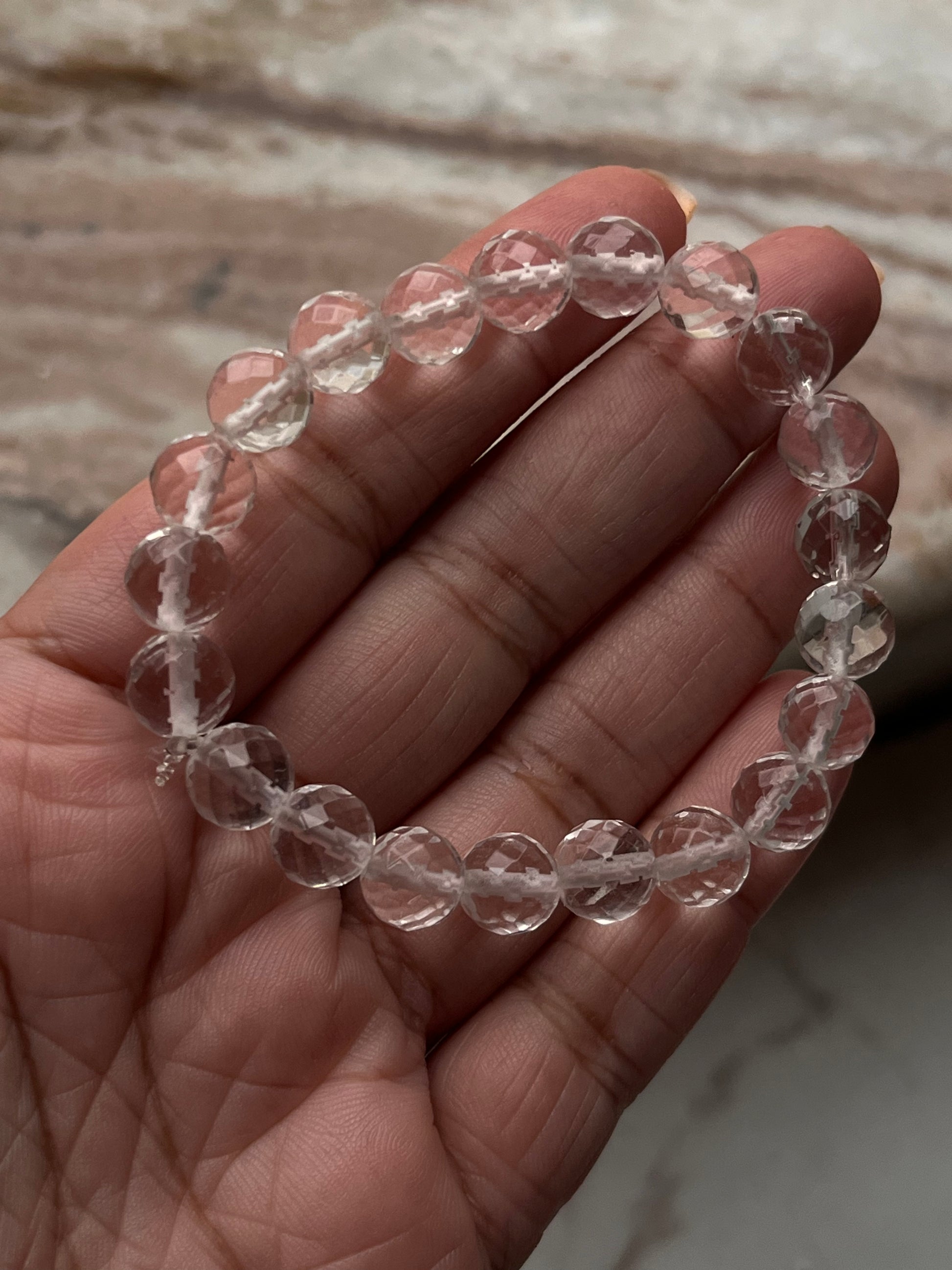 Diamond cut clear quartz bracelet with 8mm natural crystals