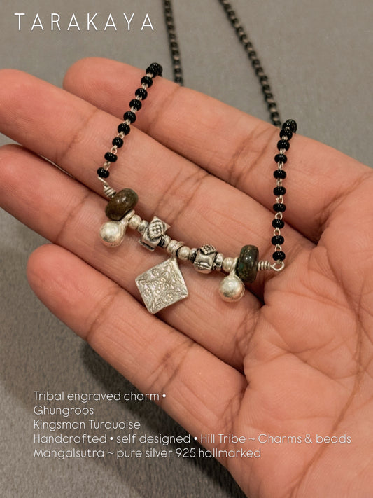 925 Sterling Silver Tribal Ghungroo Kingsman Turquoise  Handcrafted One of a Kind Boho Style Mangalsutra