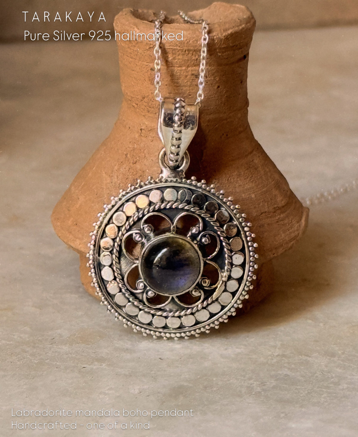 925 Sterling Silver Labradorite Mandala Boho Handcrafted Pendant