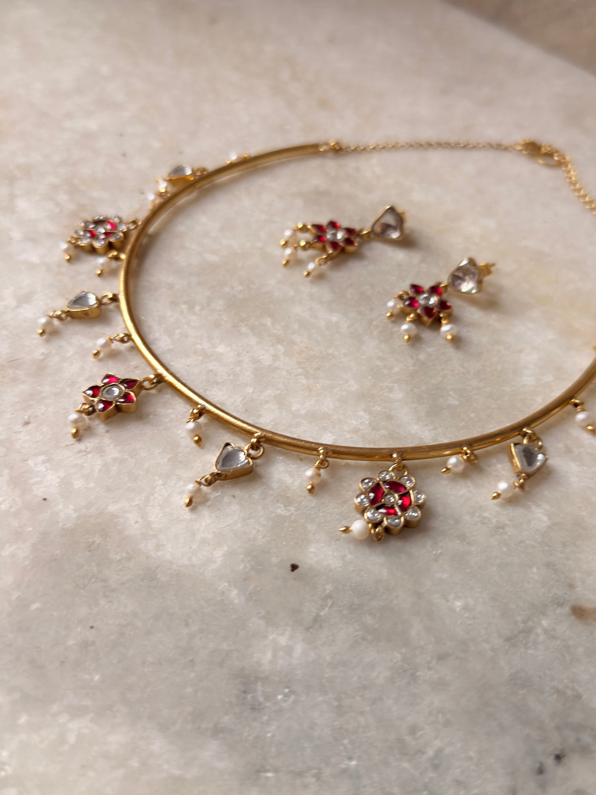 925 Sterling Silver Red Stone , Fresh Water Pearls & Kundan Polki Handcrafted Gold Plated Necklace Set