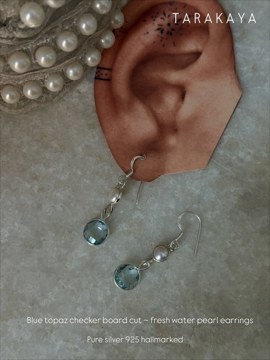 Blue topaz checkerboard cut and pearl 925 sterling silver earrings