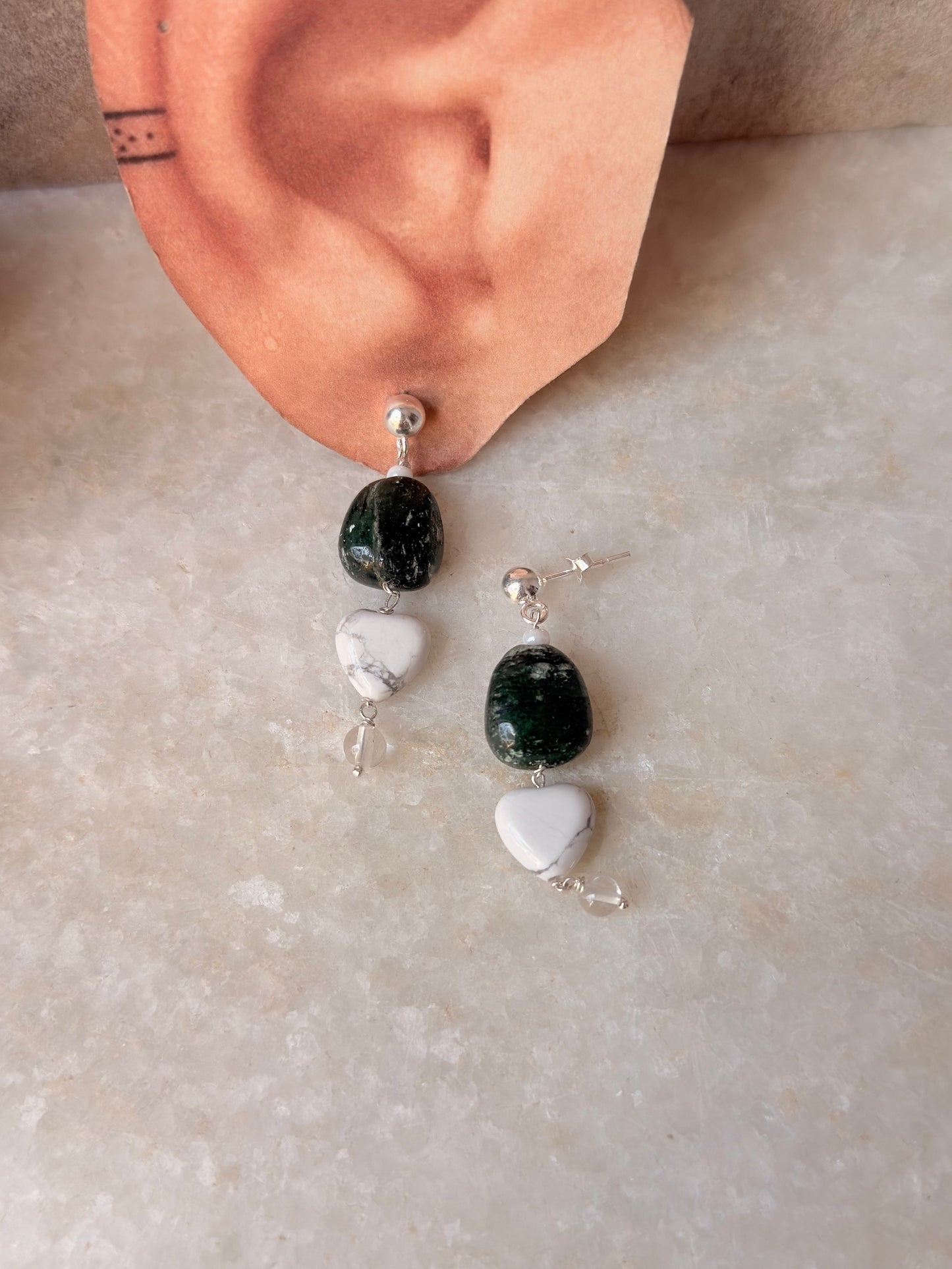 925 Sterling Silver Green Aventurine, Howlite & Clear Quartz Earrings