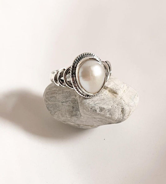 Fresh Water Pearl Oval Boho Sterling Silver Ring