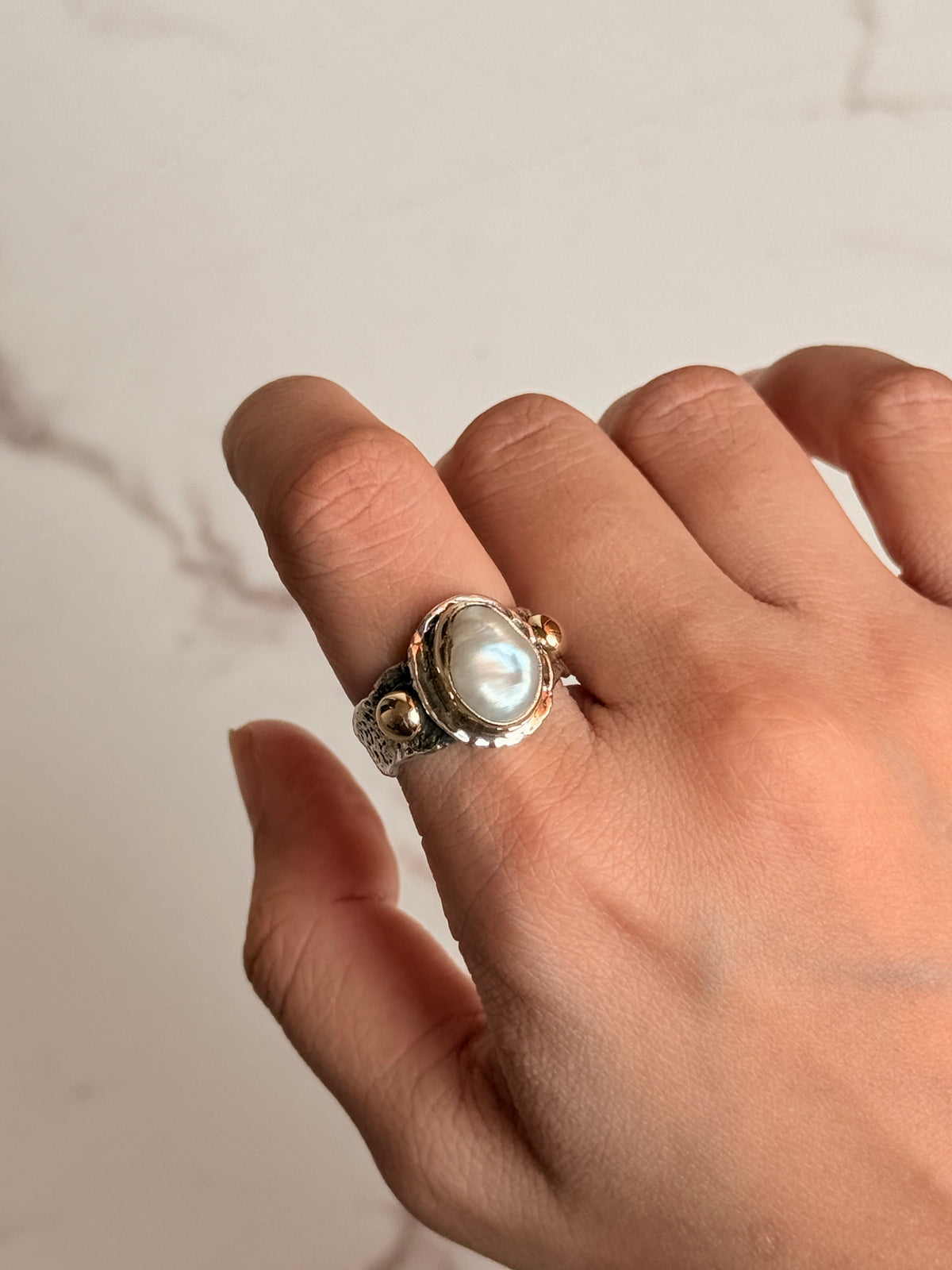 925 Sterling Silver Baroque Pearl Rustic Fusion Handcrafted Ring