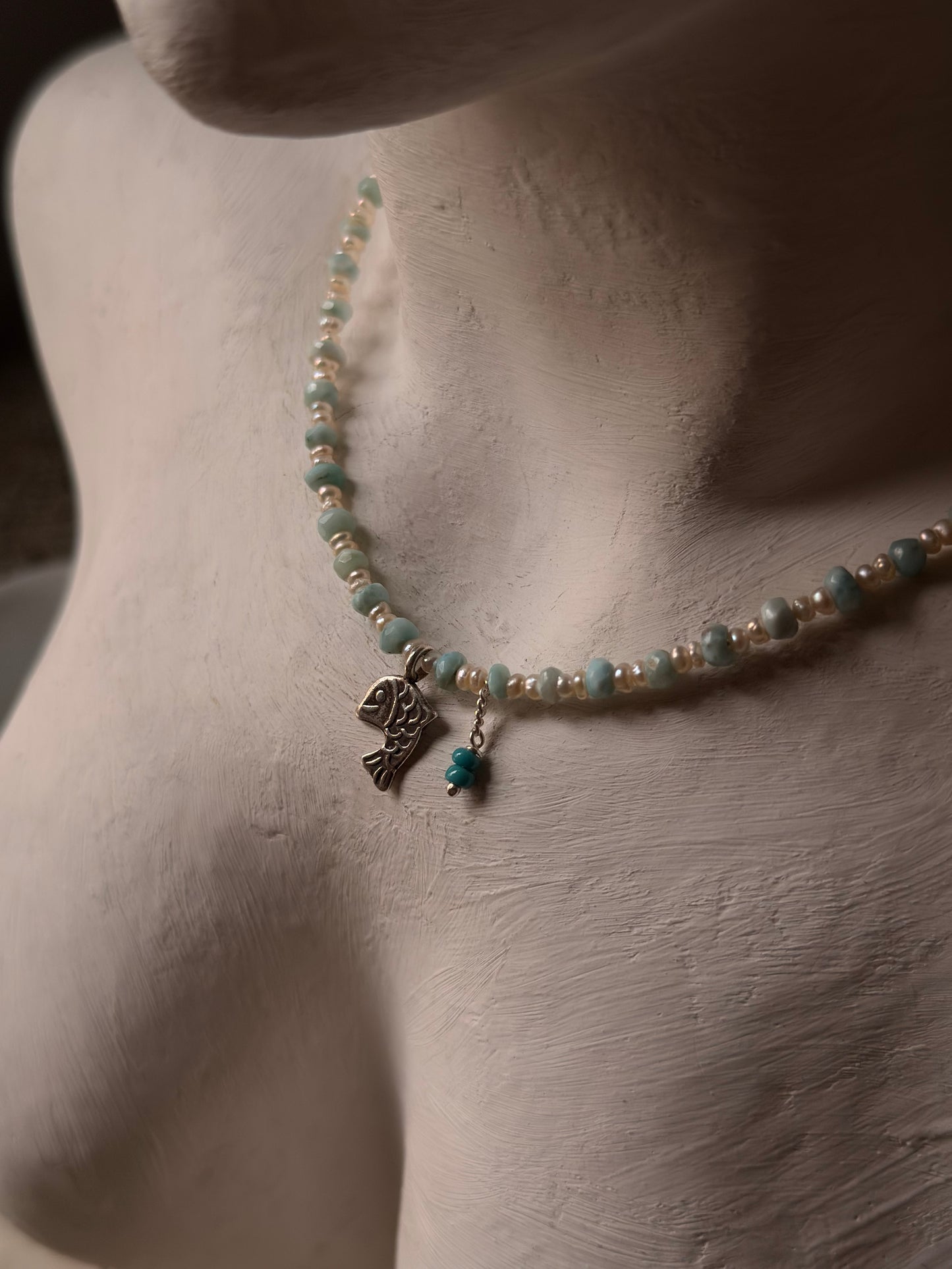 Natural Larimar, Fresh Water Pearls , Silver Fish Charm & Blue Bead Hanging Charm Handcrafted 925 Sterling Silver Necklace