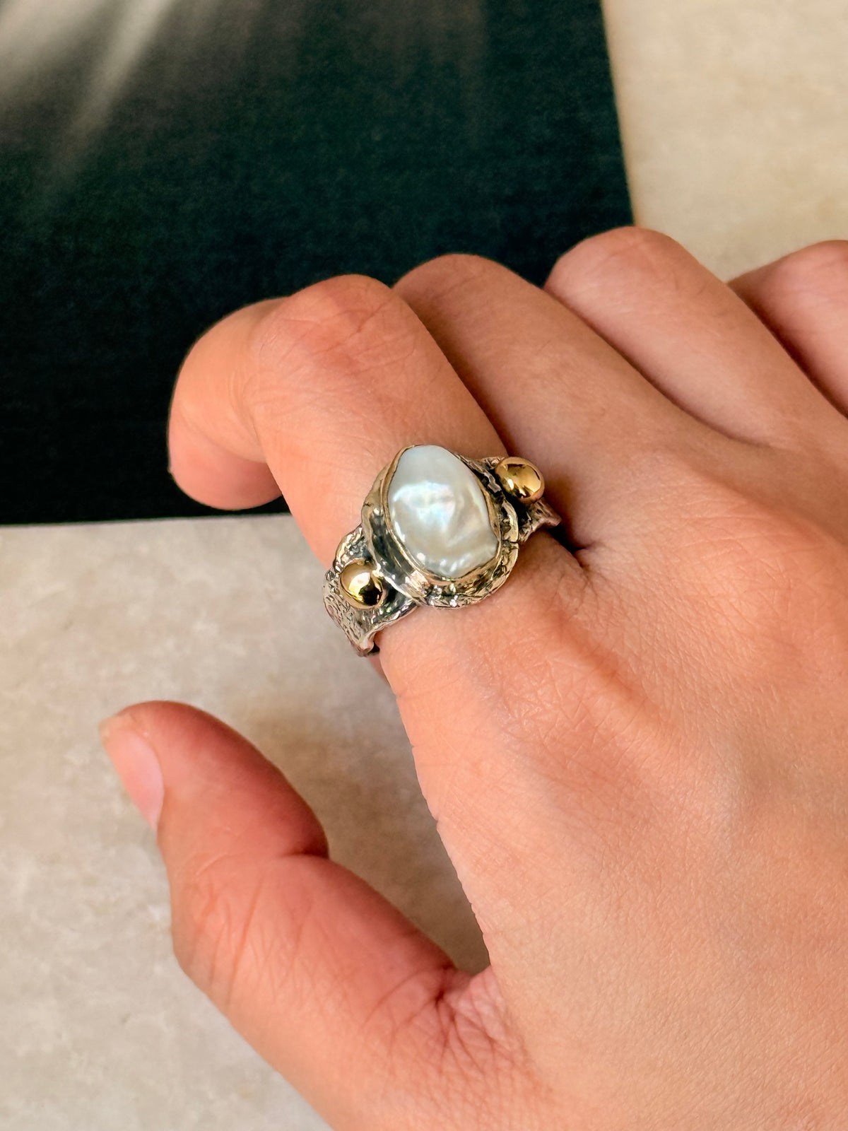 925 Sterling Silver Baroque Pearl Rustic Fusion Handcrafted Ring