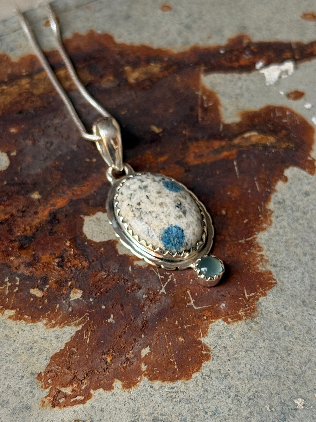 925 Sterling Silver K2 Jasper & Aquamarine Round Handcrafted One of a Kind Oval Pendant