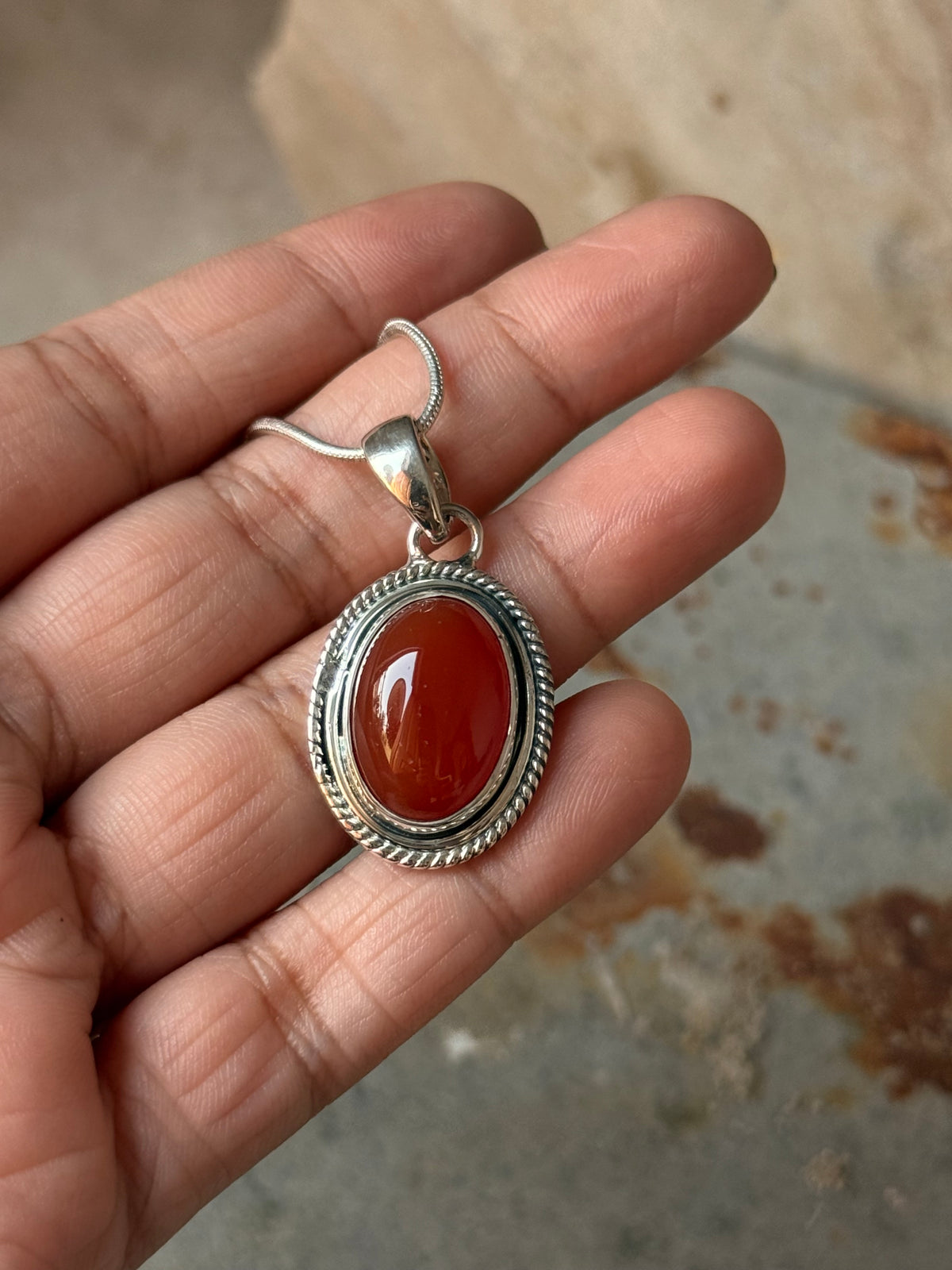 925 Sterling Silver Carnelian Oval Handcrafted One of a Kind Statement Pendant