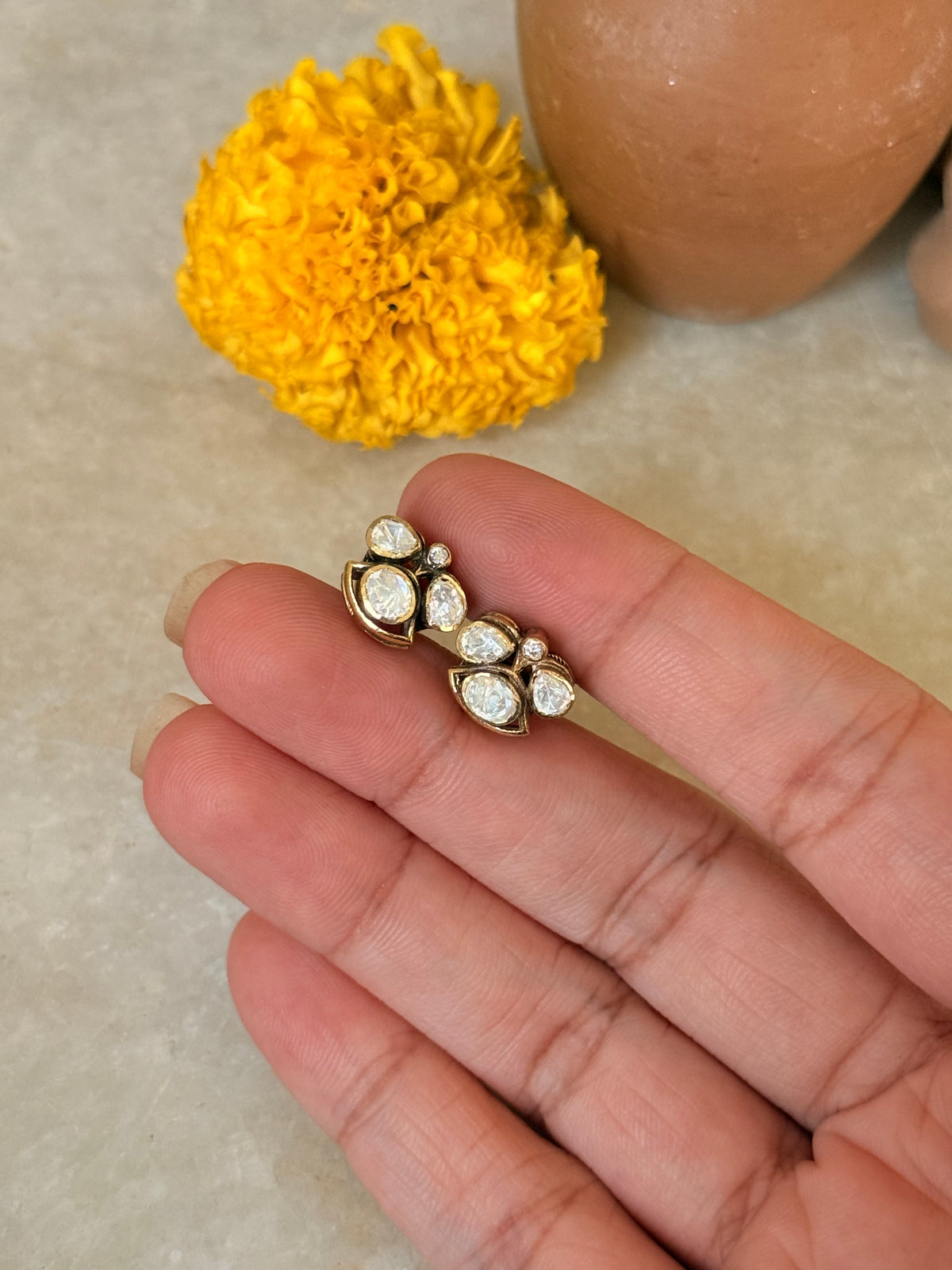 925 Sterling Silver Gold Plated Moissanite Polki Studs Earrings