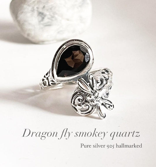 Smokey quartz dragonfly silver ring with intricate design