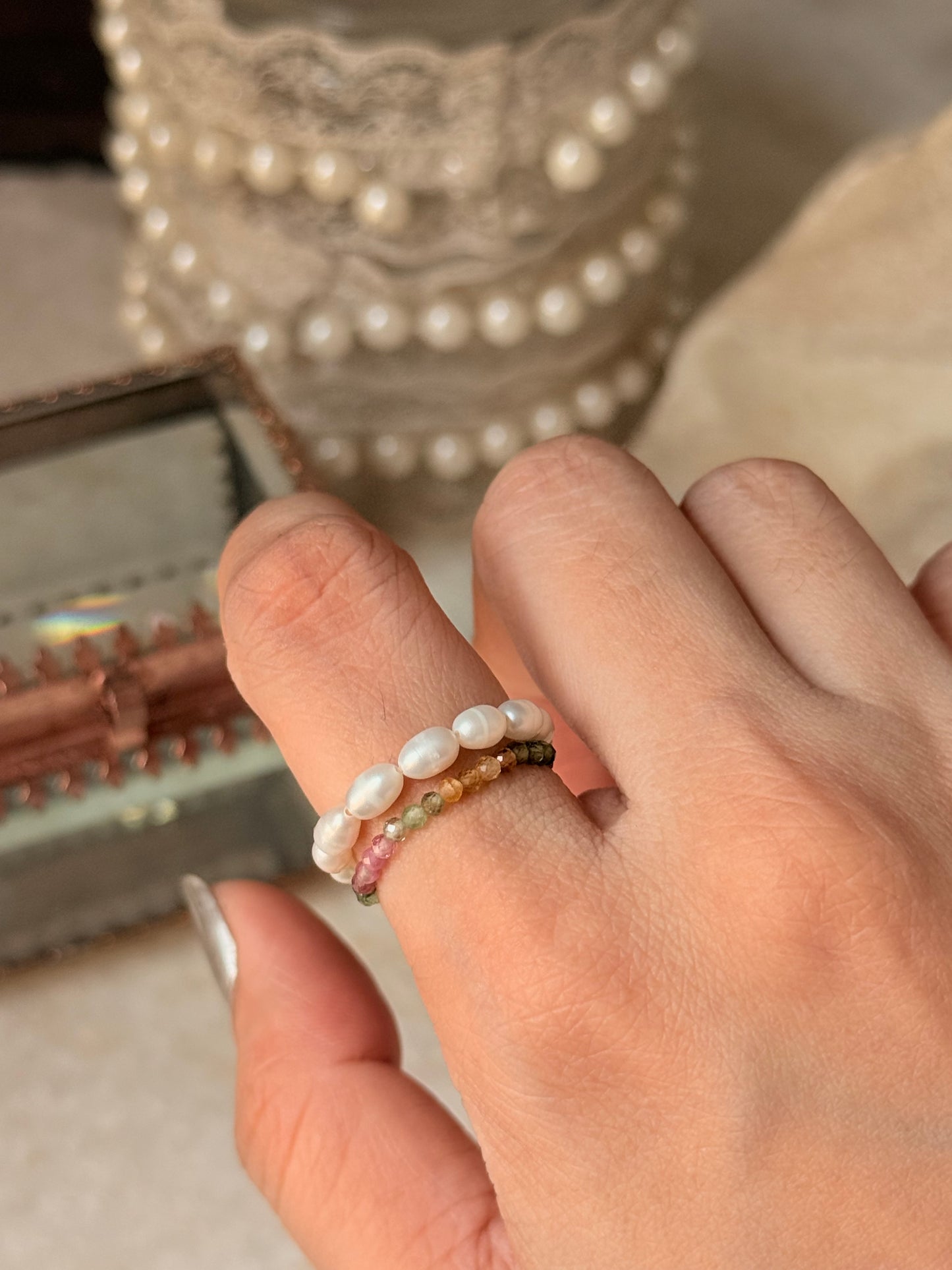 Natural Crystal Stretchy Fresh Water Pearls & Multi Tourmaline Rings