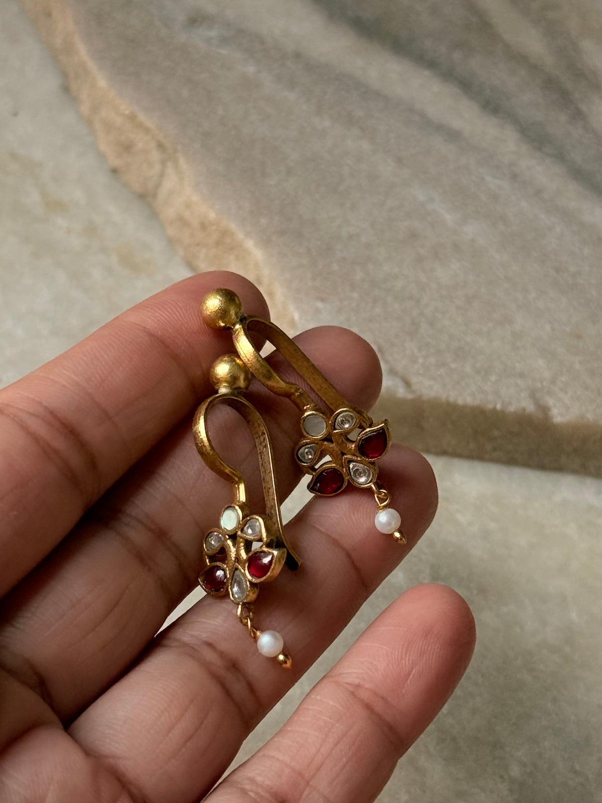 925 Sterling Silver Gold Plated Pink White Stone Kundan Polki & Fresh Water Pearls Charm Bugadi Ear Cuff