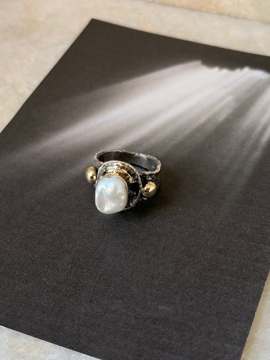 925 Sterling Silver Baroque Pearl Rustic Fusion Handcrafted Ring