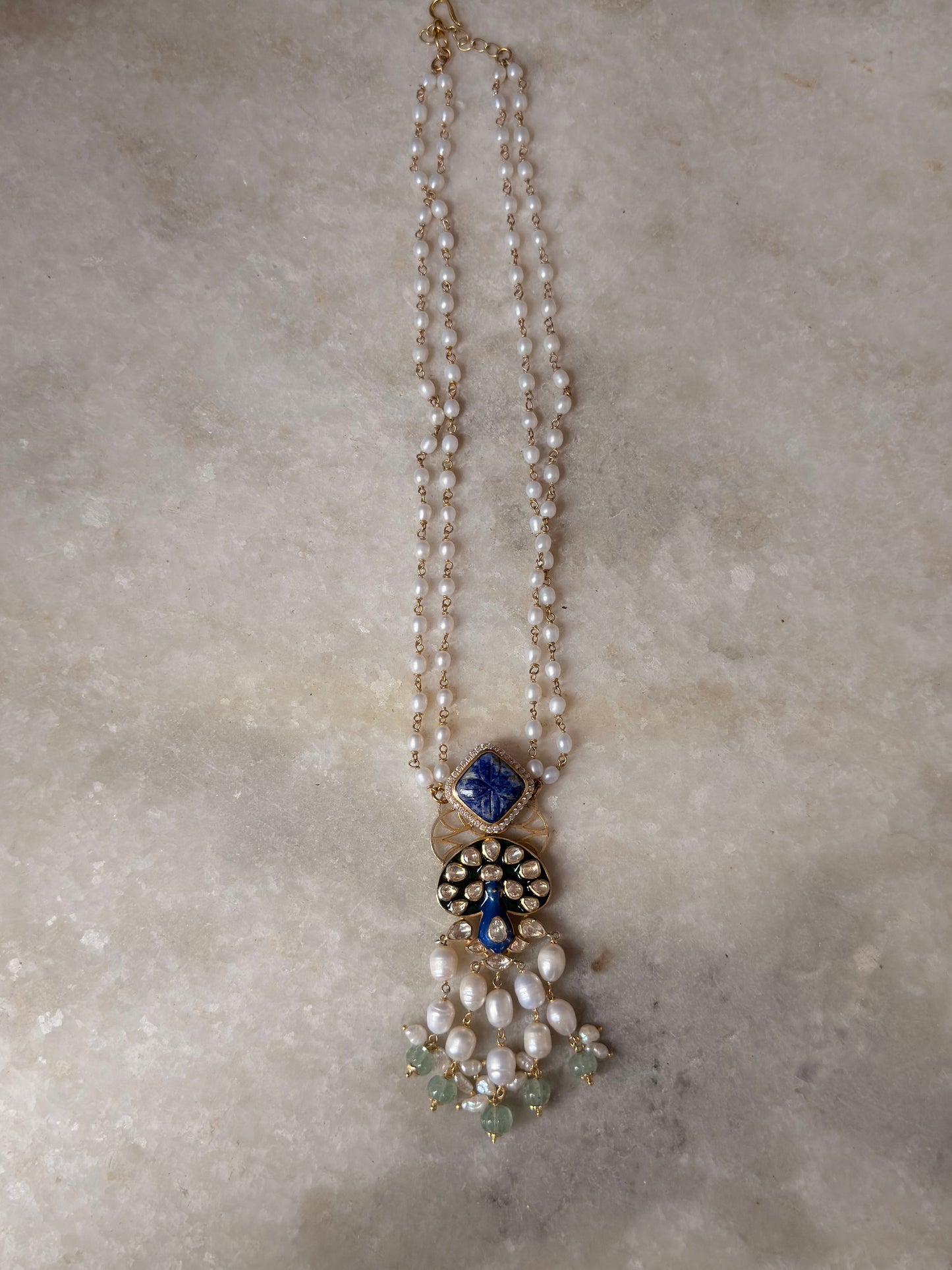 Handcrafted 925 Sterling Silver Gold Plated Peacock Moissanite Polki Meenakari Necklace with Freshwater Pearls