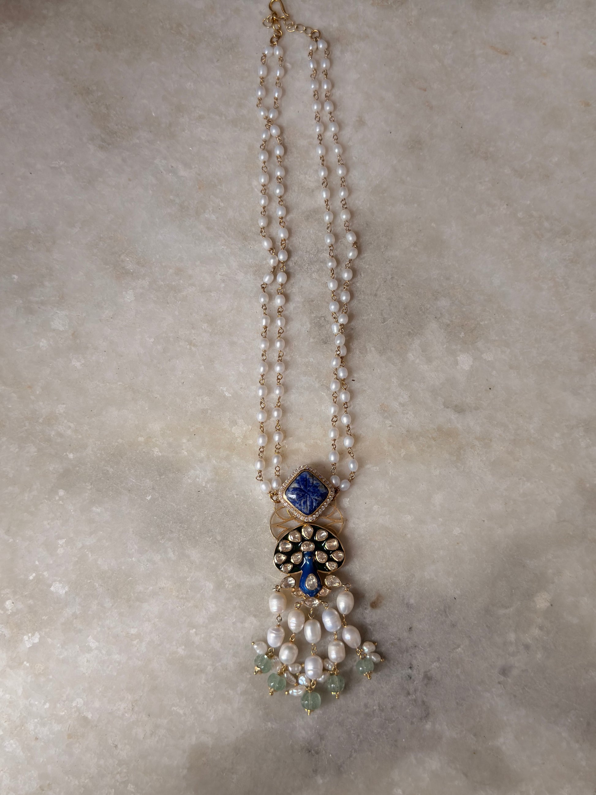 Handcrafted 925 Sterling Silver Gold Plated Peacock Moissanite Polki Meenakari Necklace with Freshwater Pearls