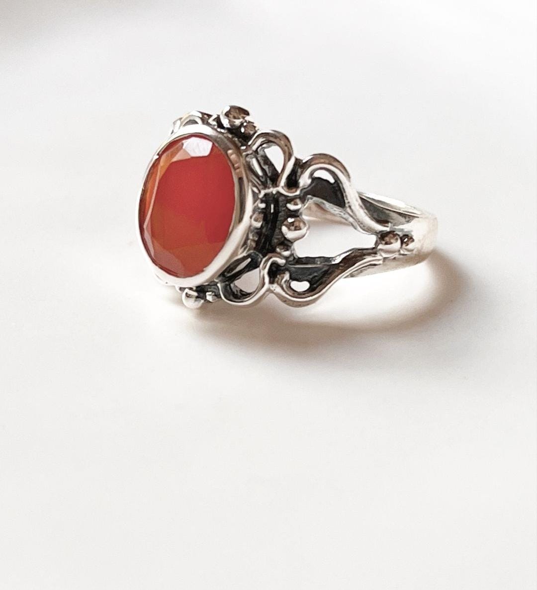 Detailed view of a carnelian big statement silver ring