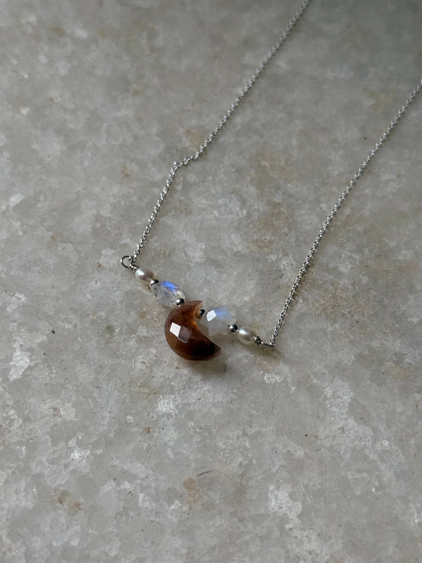 925 Sterling Silver Golden, Moonstone, Pearls Necklace