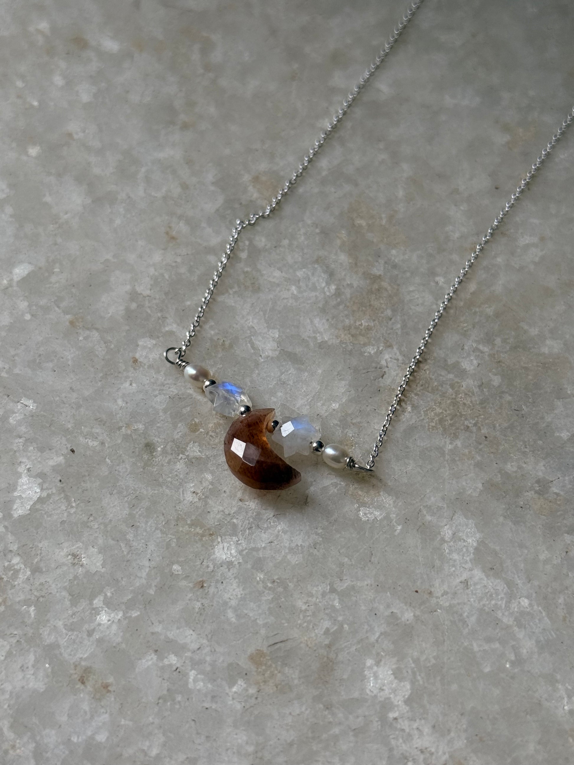 925 Sterling Silver Golden, Moonstone, Pearls Necklace