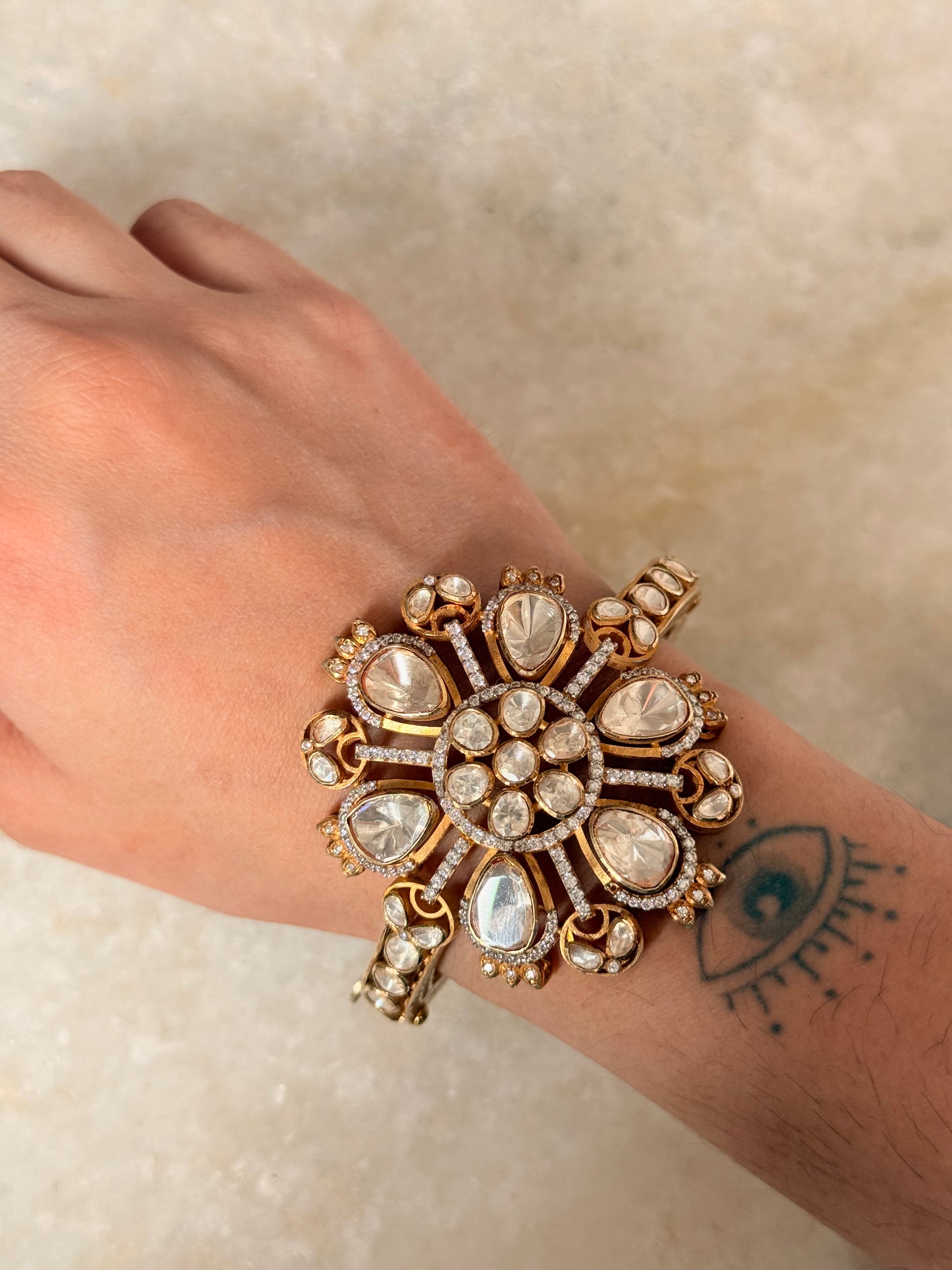 Adjustable 925 Sterling Silver Gold Plated Antique Moissanite Polki Statement Cuff Bracelet