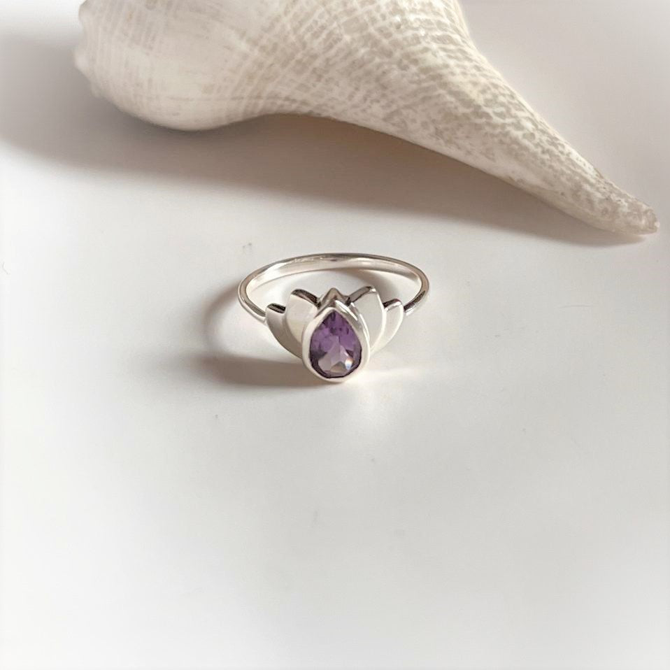 Amethyst Divine Lotus Ring with Silver Band