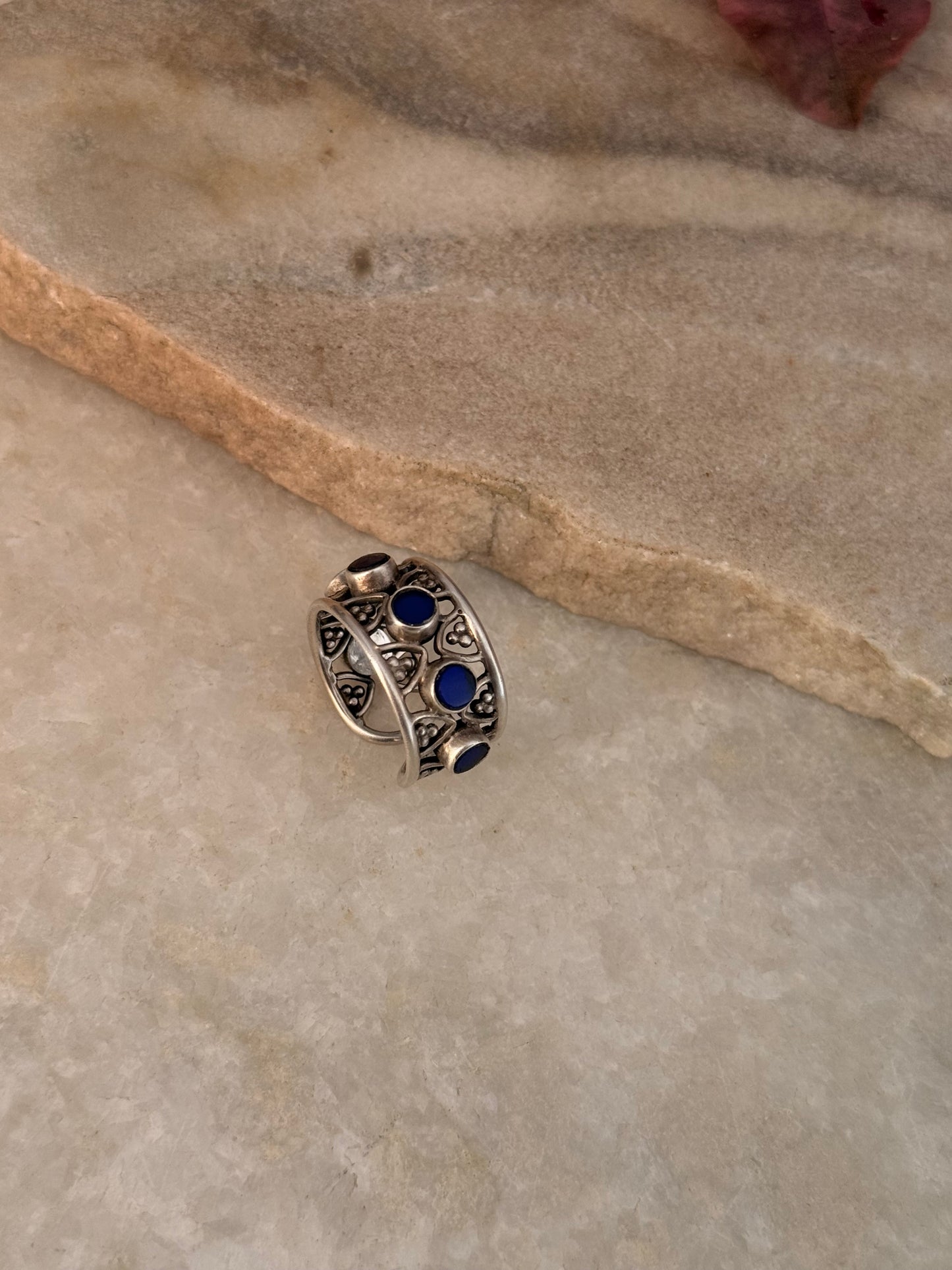 925 Sterling Silver Blue Kundan Antique Rawa Style Adjustable Handcrafted Ring