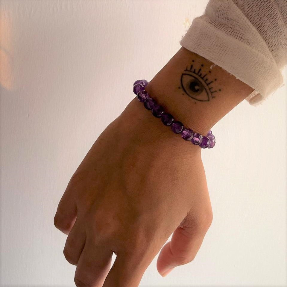 Genuine Amethyst 8MM Crystal Bracelet with Diamond Cut Beads