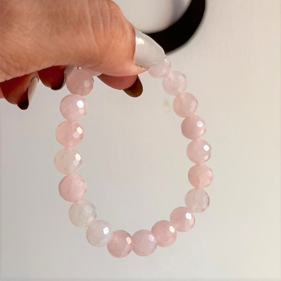 Pink Rose Quartz Diamond Cut Beaded Bracelet 8MM