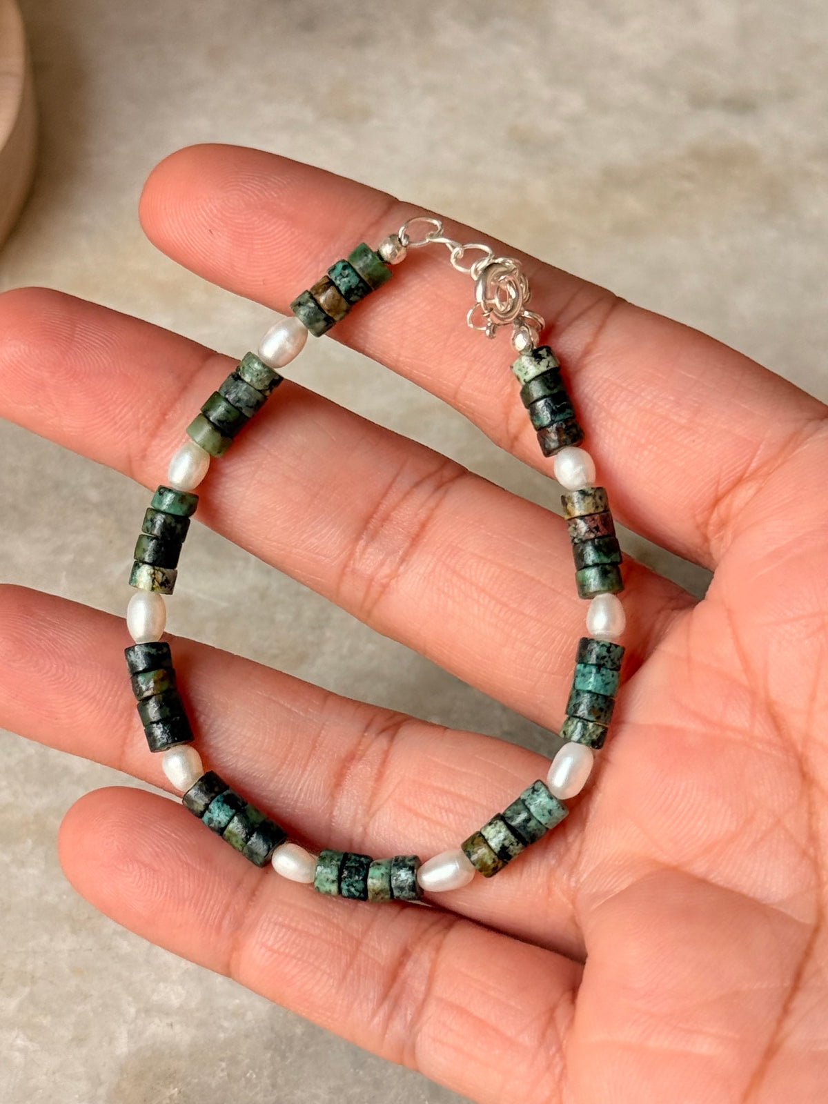 925 Sterling Silver African Turquoise Flat Fresh Water Pearls Bracelet