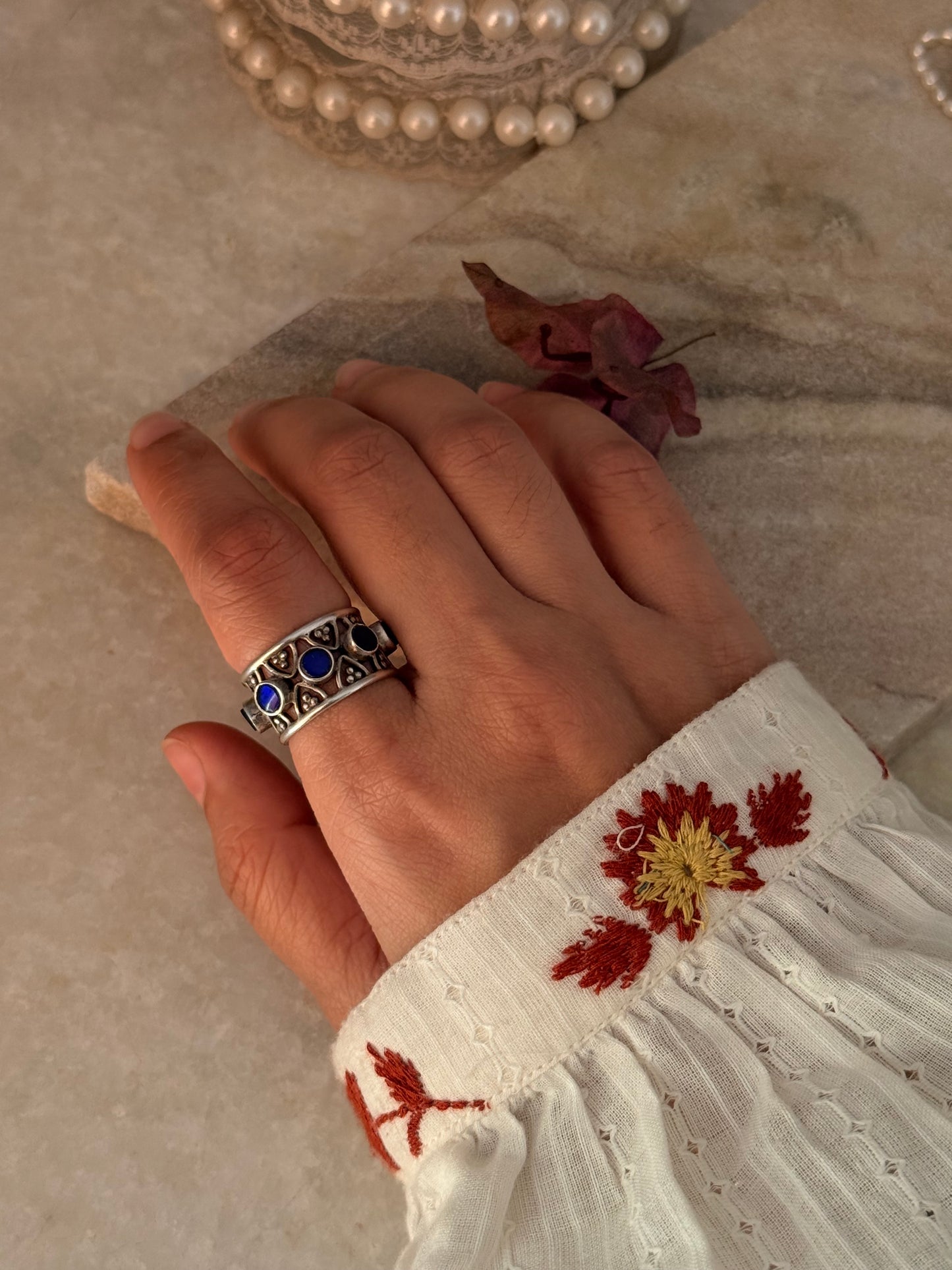 925 Sterling Silver Blue Kundan Antique Rawa Style Adjustable Handcrafted Ring