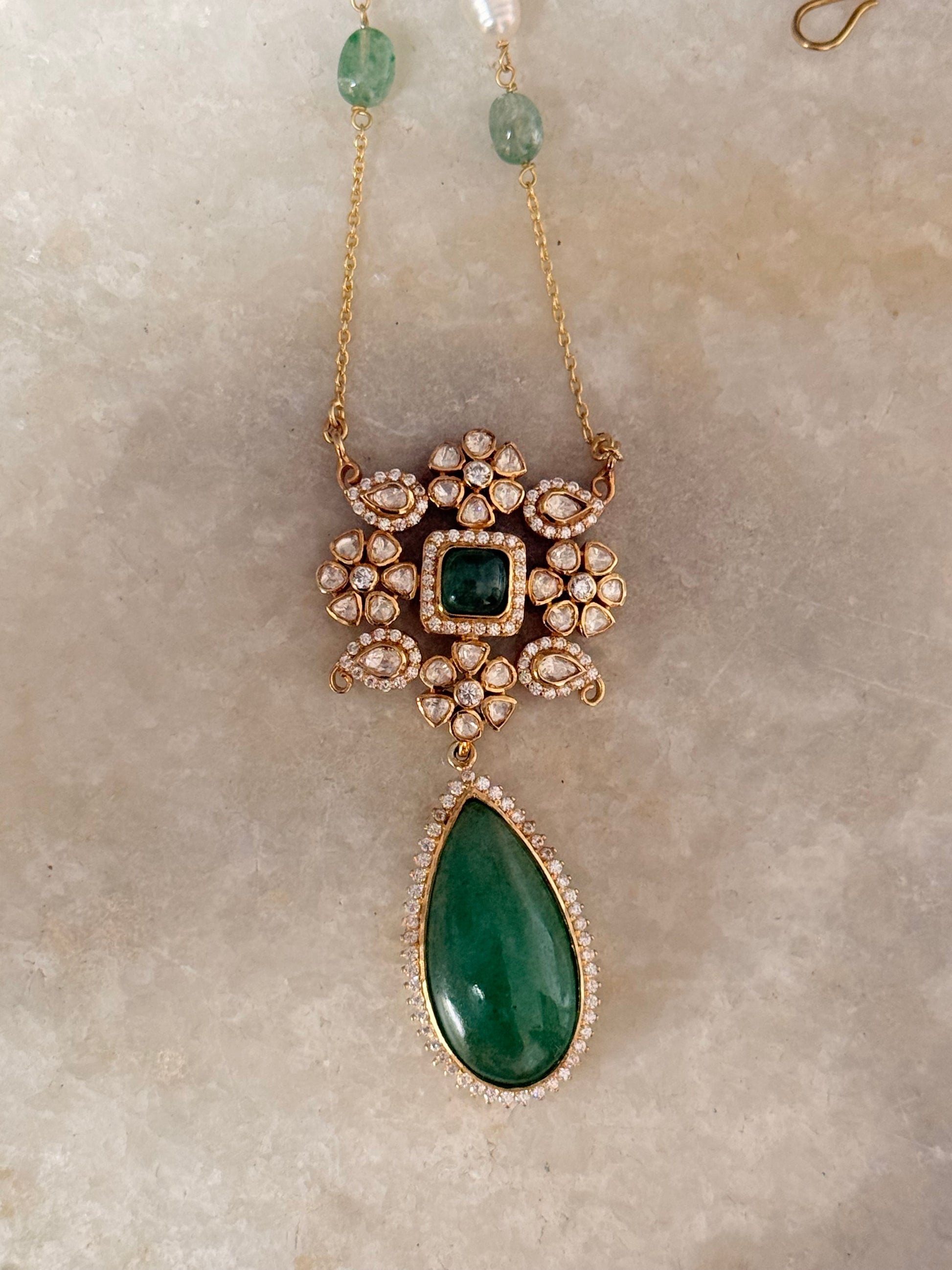 Bridal 925 Sterling Silver Gold Plated Green Onyx and Antique Moissanite Polki Necklace