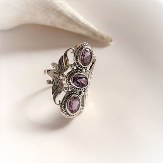 Handmade Amethyst 3 Stone Silver Statement Ring
