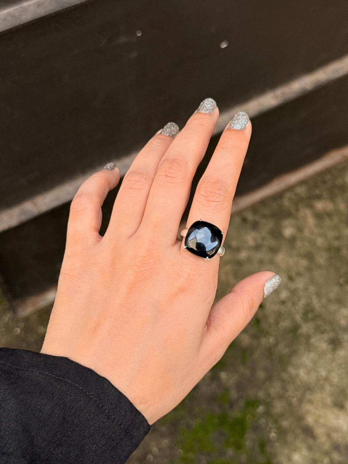 925 Sterling Silver Black Onyx Square Prong Setting Contemporary Style Ring