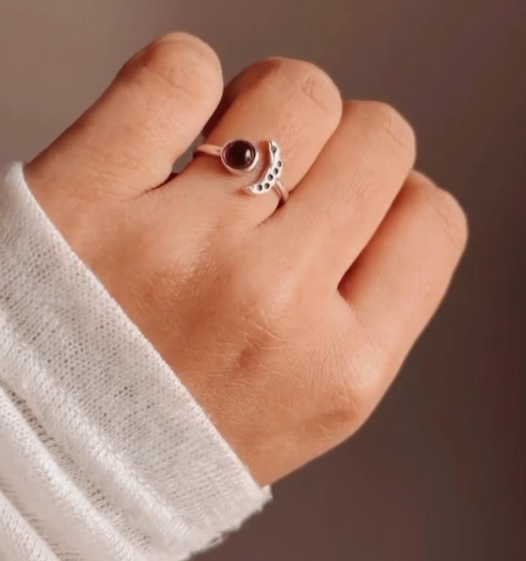 Adjustable Silver Crescent Moon Ring with Amethyst Gemstone 