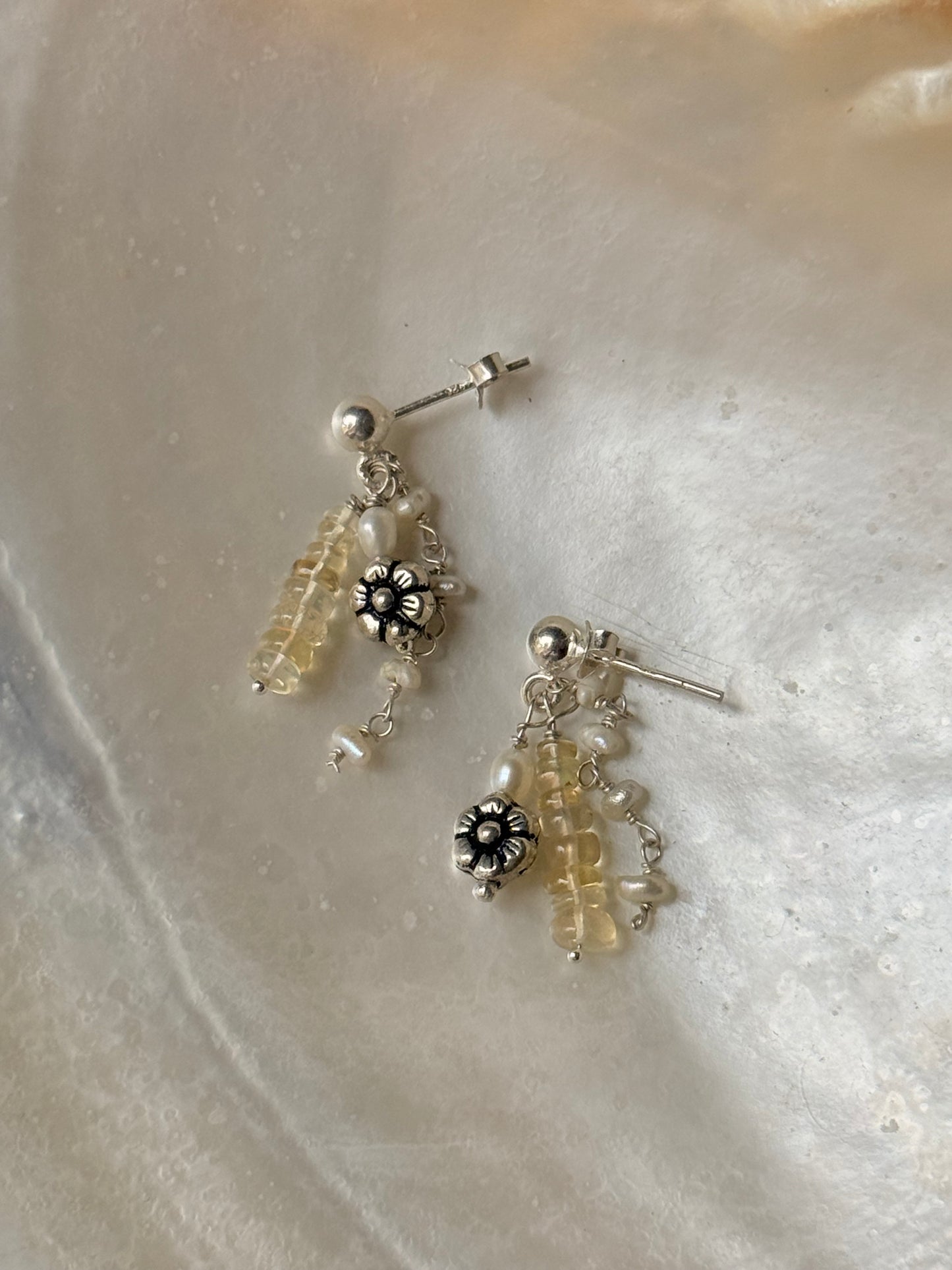 925 Sterling Silver Ethiopian Opals & Fresh Water Pearls Hand beaded , Floral Charm Handcrafted Studs Earrings